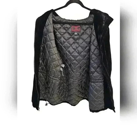 WOMENS LAUREN RALPH LAUREN BLACK VELVET SILK HOODED COAT PARKA LARGE - Picture 4 of 13